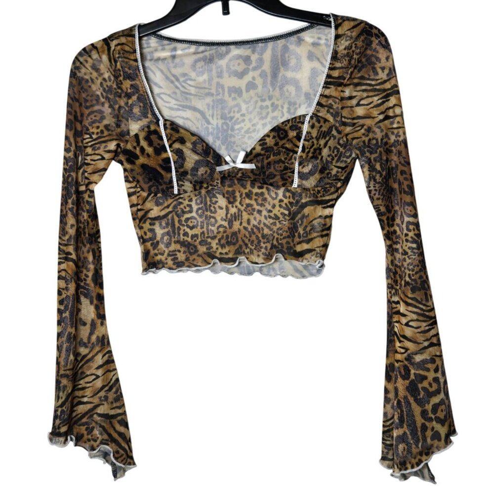 Shein Womens Animal Print Flare Long Sleeve Crop Top XS Sheer Y2K Stretch